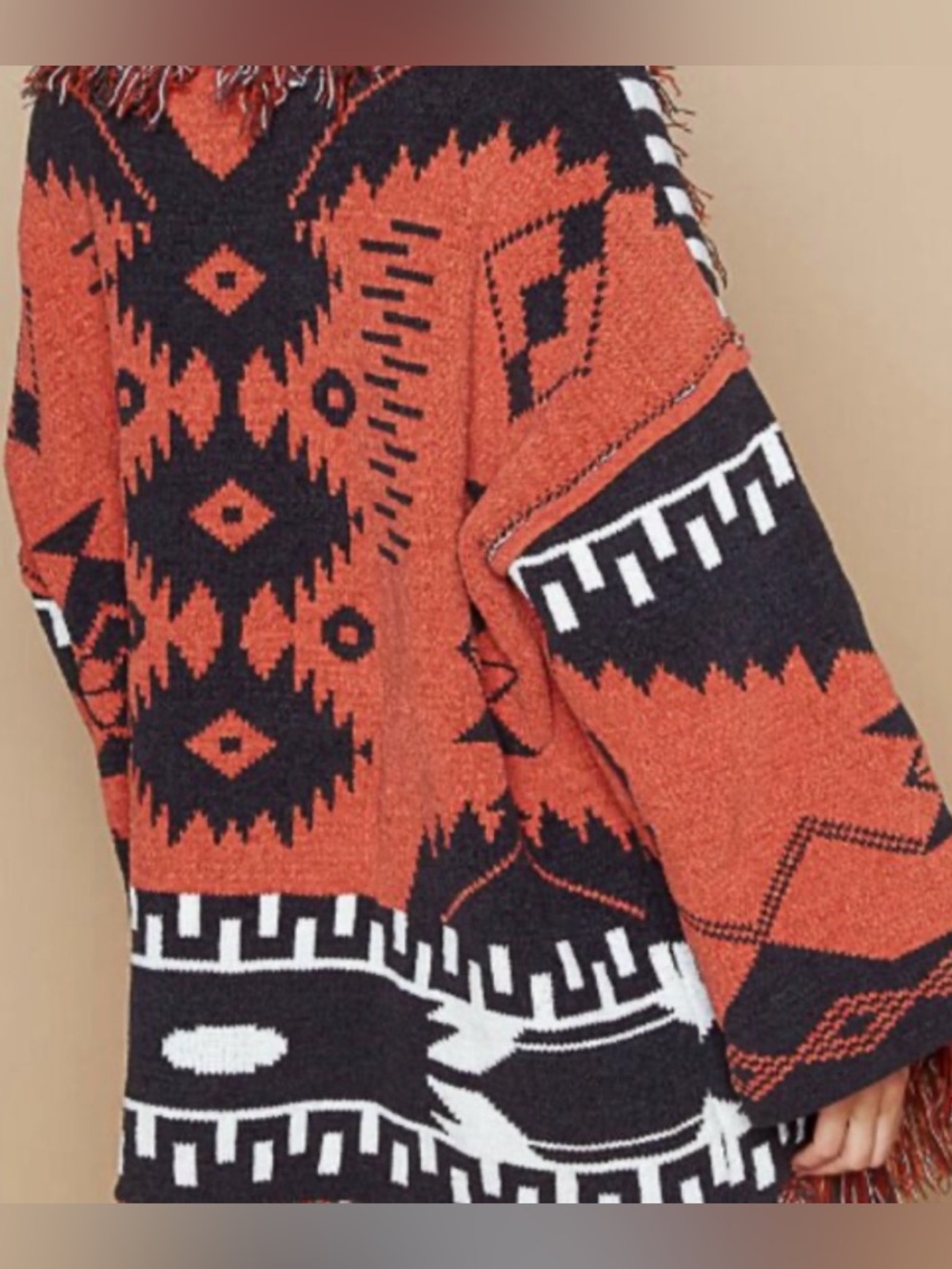Pol Chenille Aztec Fringe Rust Black Open Front Long Line Oversized Cardigan M